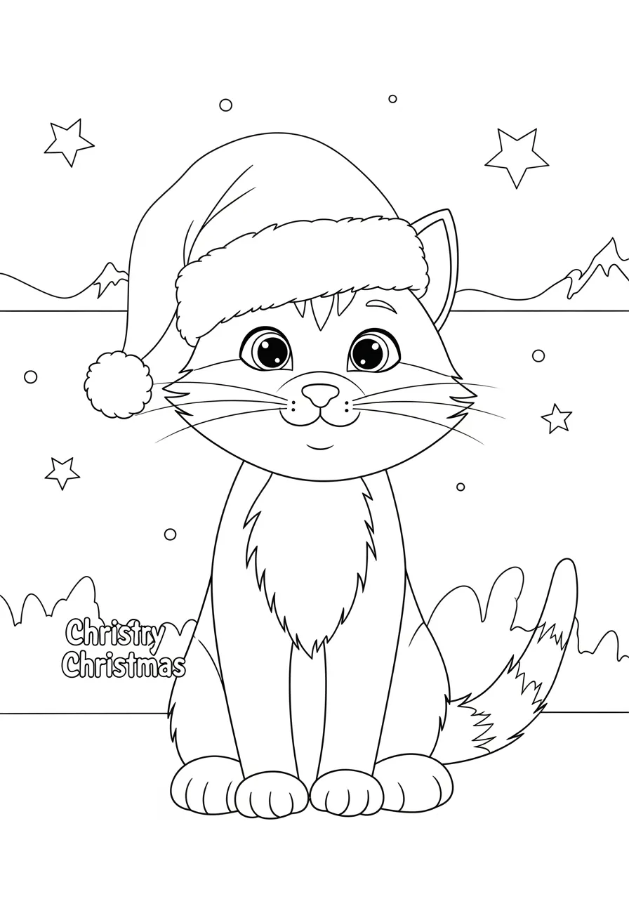 Gato fofo usando um chapéu de Papai Noel em um cenário natalino para colorir