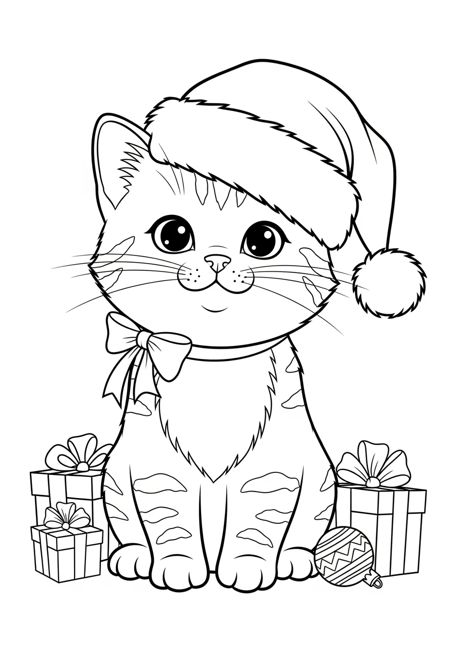 Gato fofo usando chapéu de Natal rodeado de presentes para colorir