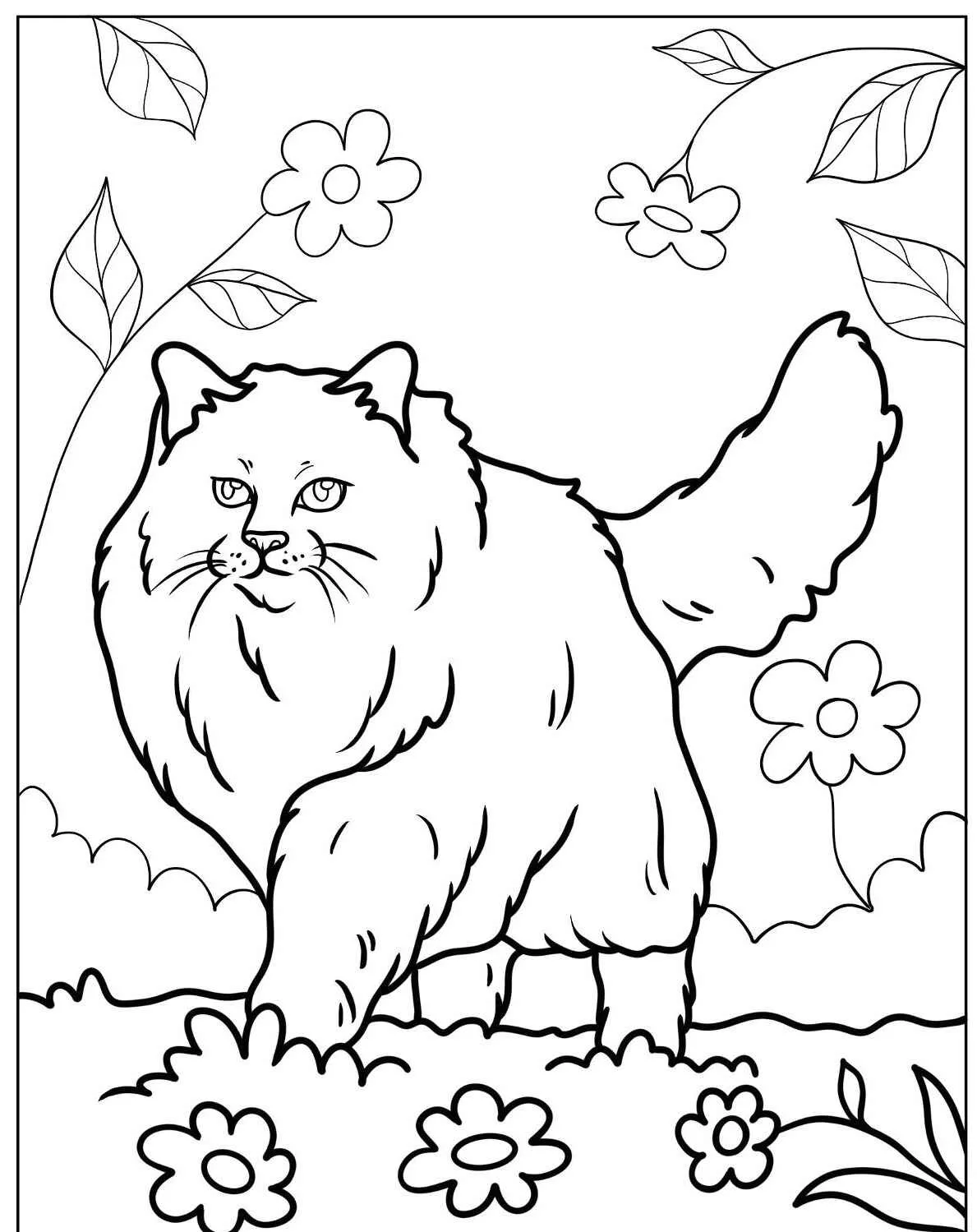Desenho de um gato peludo caminhando em um campo de flores, pronto para ser colorido.