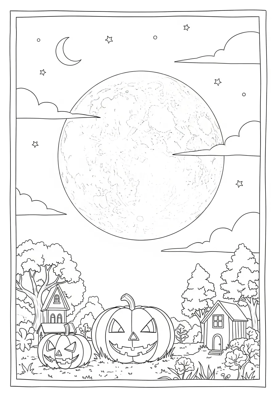 Desenho para colorir de Halloween com abóboras e uma lua cheia
