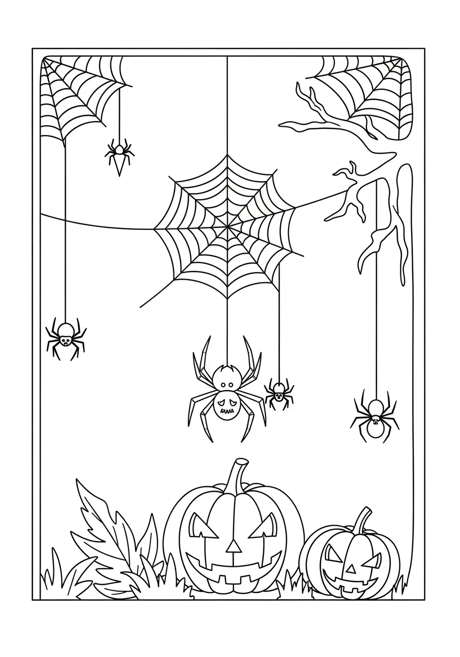 Desenho para colorir de Halloween com abóboras e teias de aranha