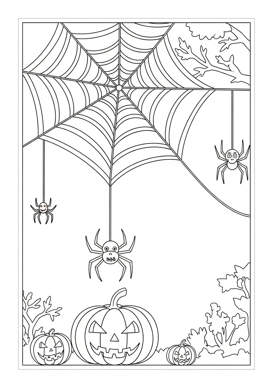 Desenho para colorir de Halloween com aranhas e teia de aranha