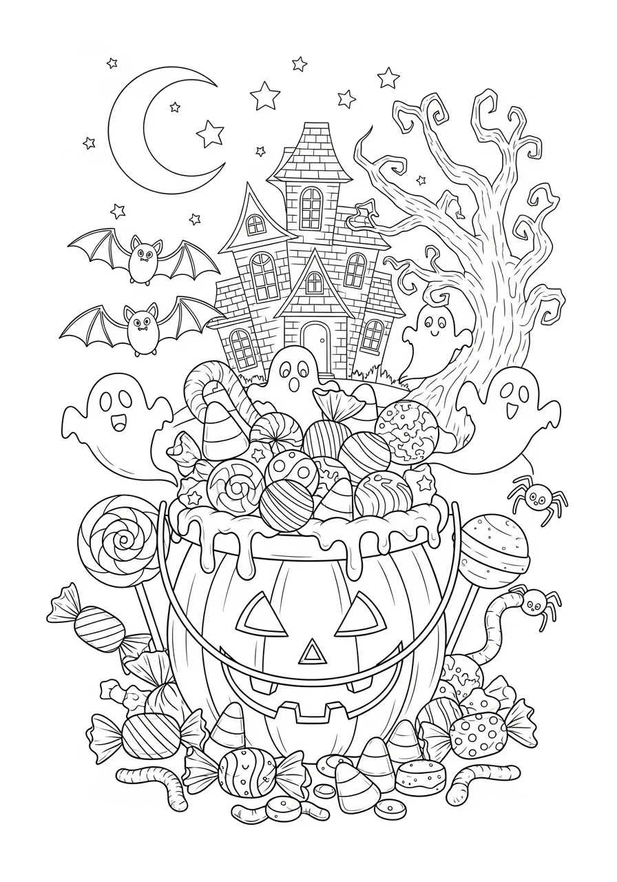 Desenho para colorir de Halloween com balde de doces, fantasmas, morcegos e uma casa assombrada.