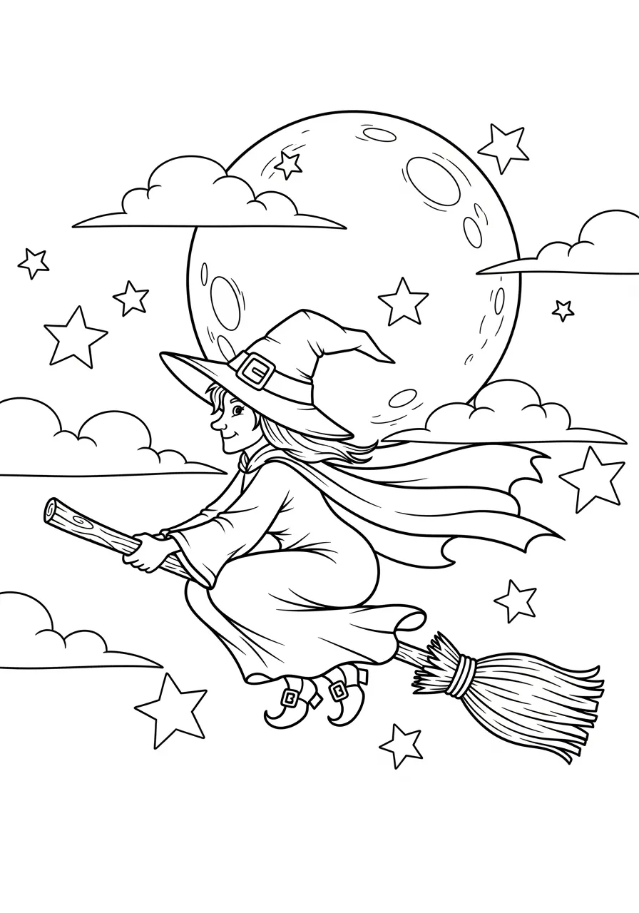 Desenho de uma bruxa voando em sua vassoura sob uma lua cheia e estrelas