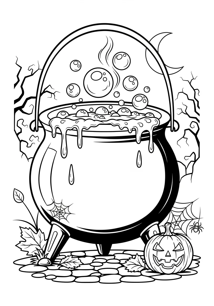 Desenho para colorir de um caldeirão mágico com bolhas e uma abóbora de Halloween
