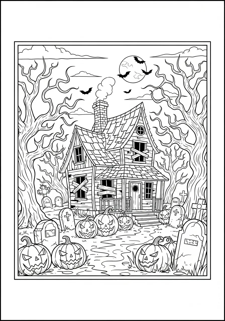 Desenho de uma casa assombrada com abóboras e morcegos para colorir