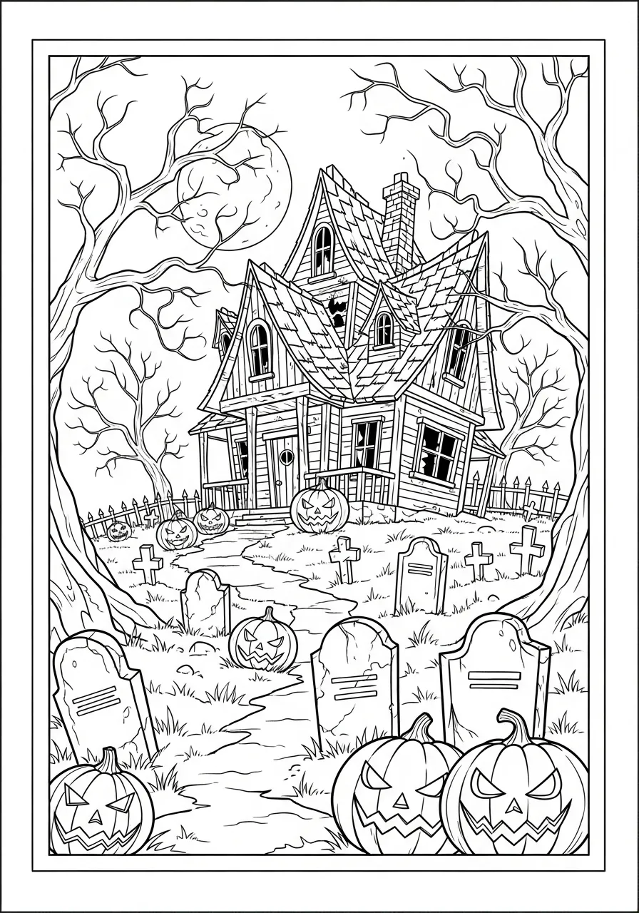 Desenho de uma casa assombrada com abóboras e lápides para colorir
