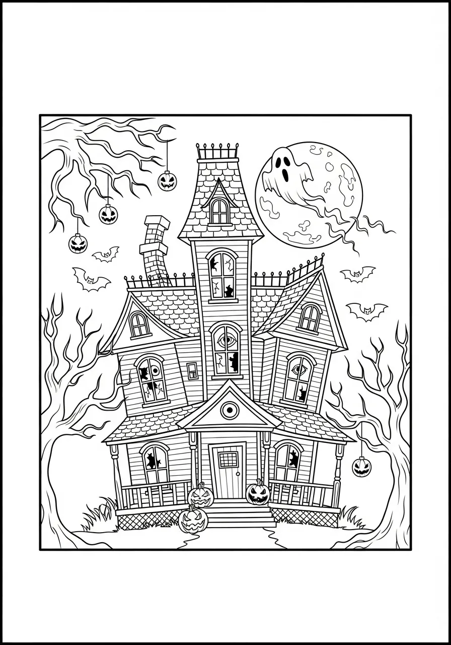 Desenho de uma casa assombrada com fantasmas e abóboras para colorir
