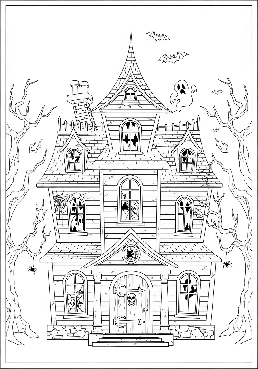 Desenho de uma casa assombrada com fantasmas e morcegos para colorir