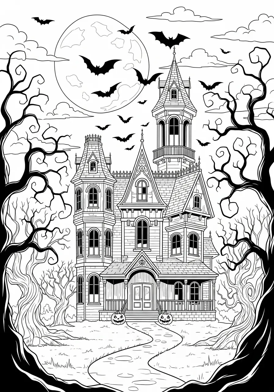Desenho de uma casa assombrada com morcegos e árvores para colorir