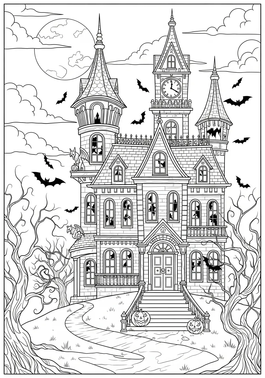 Desenho de uma casa assombrada com morcegos e árvores para colorir