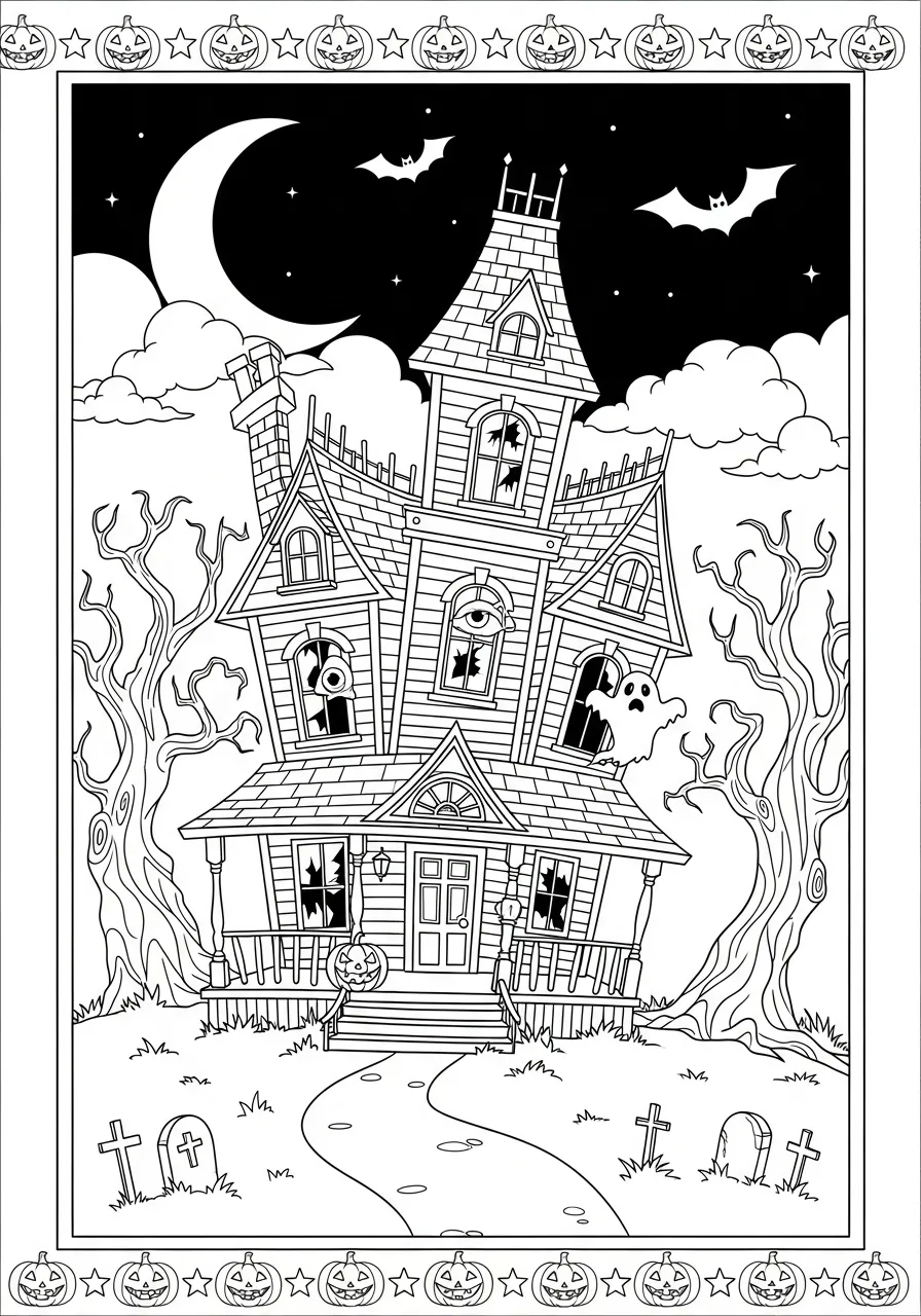 Desenho de uma casa assombrada com morcegos e uma lua cheia, ideal para colorir no Halloween.