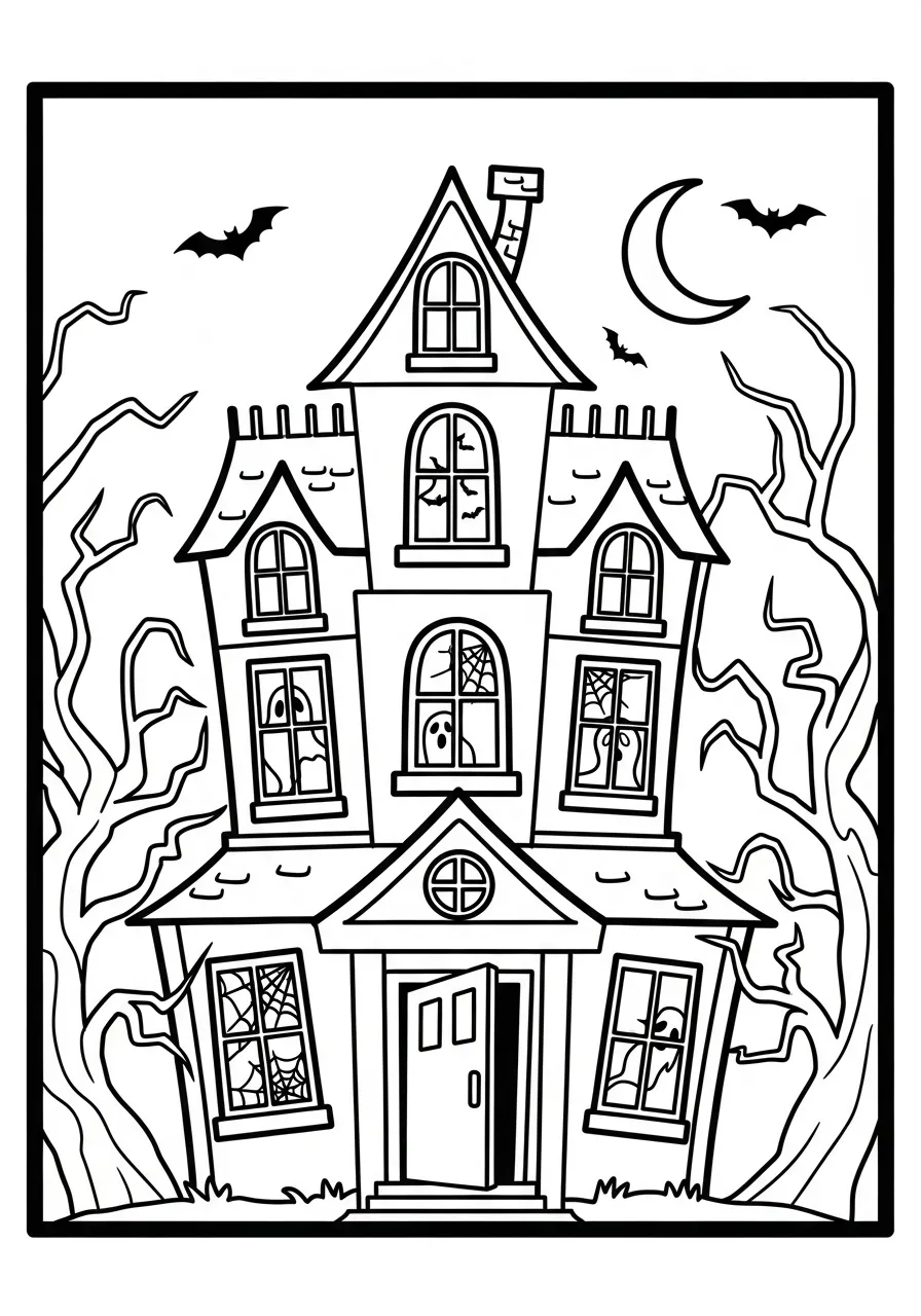 Desenho de uma casa assombrada com morcegos e árvores para colorir