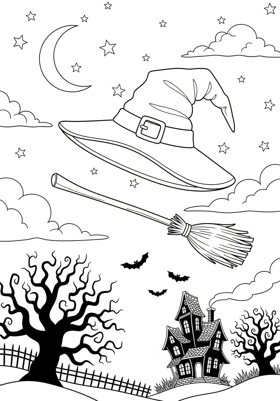 Desenho de Halloween com chapéu de bruxa, vassoura, casa assombrada e morcegos