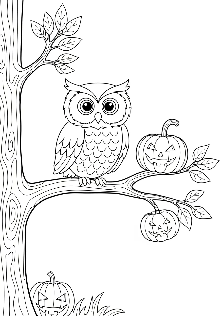 Desenho para colorir de uma coruja em uma árvore com abóboras de Halloween