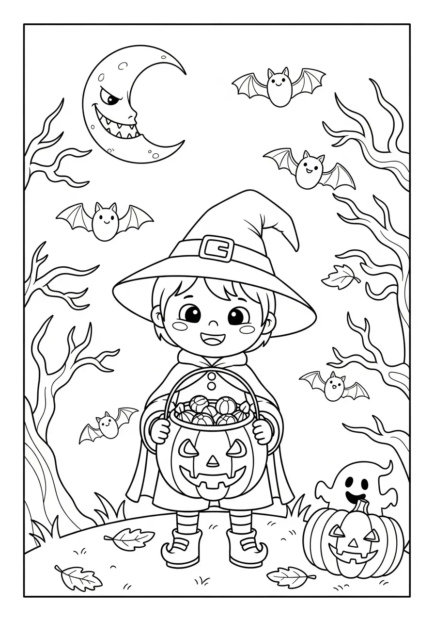 Criança com fantasia de Halloween segurando um balde de doces ao lado de uma abóbora e morcegos