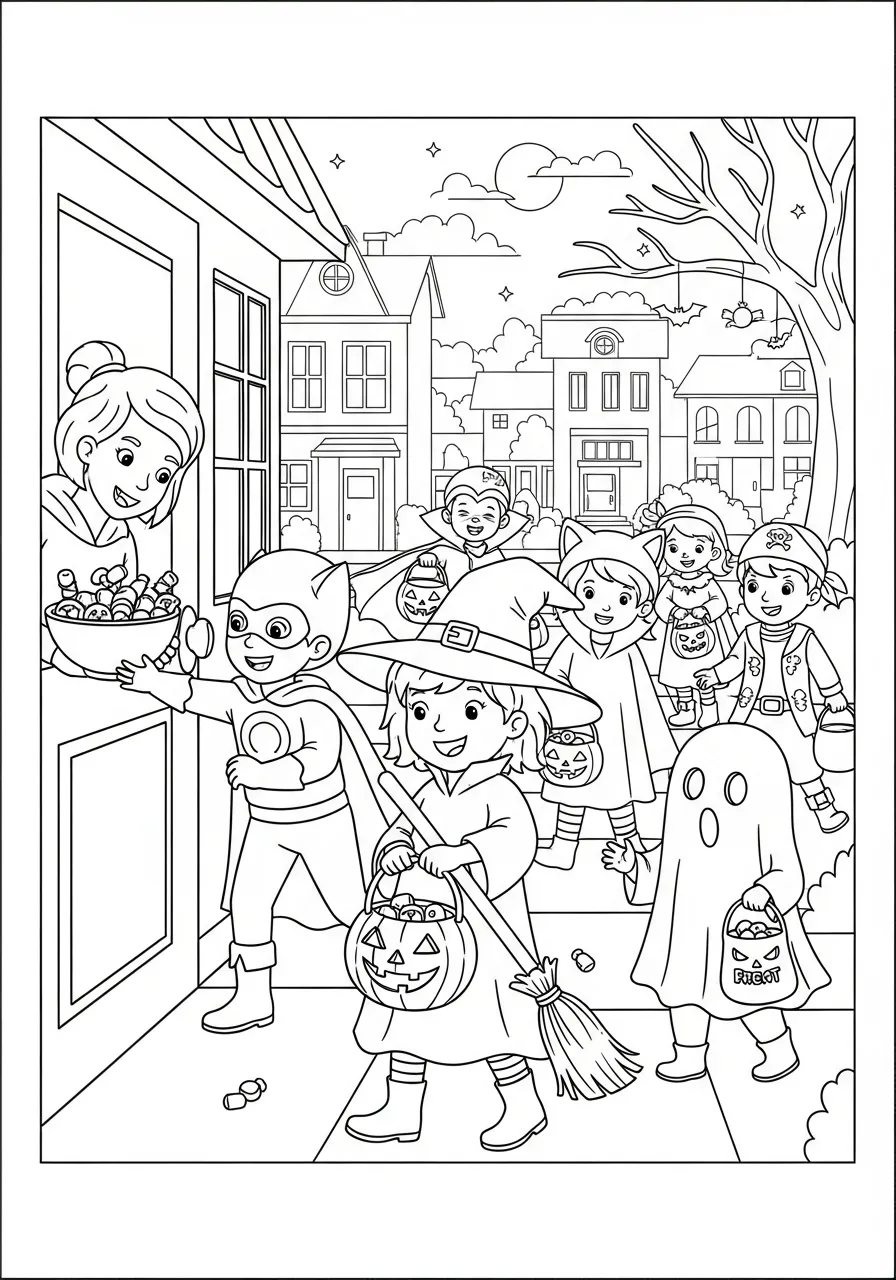 Crianças fantasiadas coletando doces em uma noite de Halloween