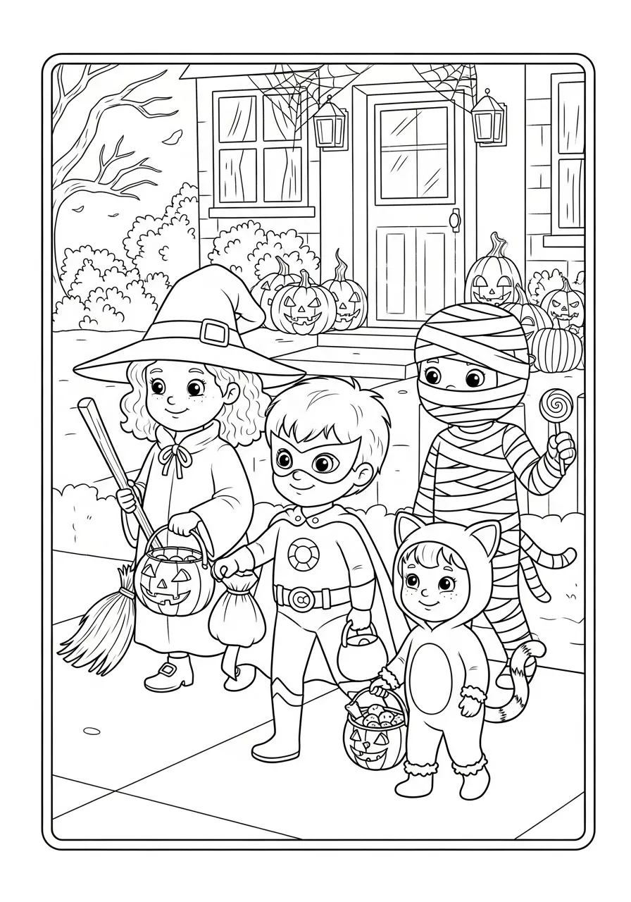 Desenho de crianças fantasiadas para Halloween, incluindo uma bruxa, um super-herói, uma múmia e uma criança de gato.
