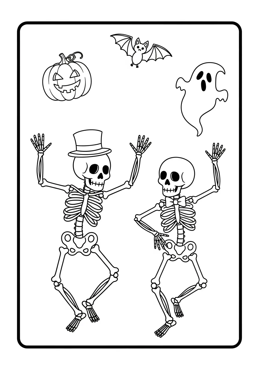 Desenho para colorir de esqueletos dançantes, um fantasma, um morcego e uma abóbora de Halloween.
