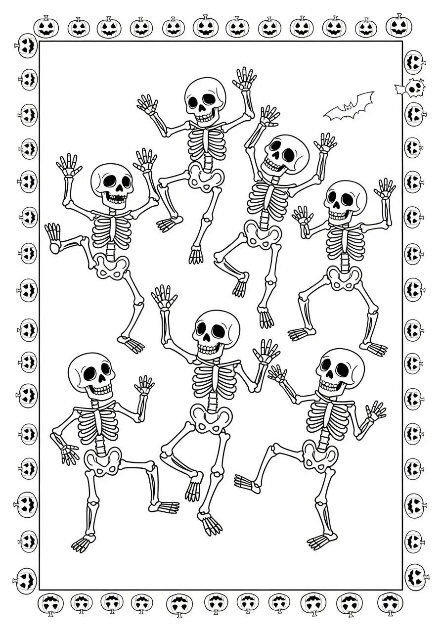 Desenho para colorir de esqueletos dançantes em um tema de Halloween