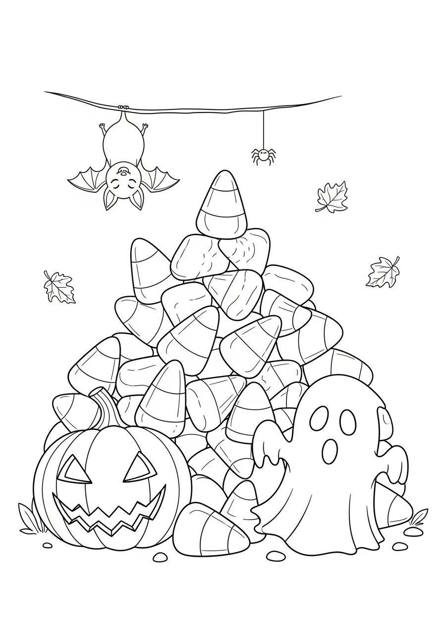 Desenho para colorir de Halloween com um fantasma, uma abóbora e uma pilha de doces