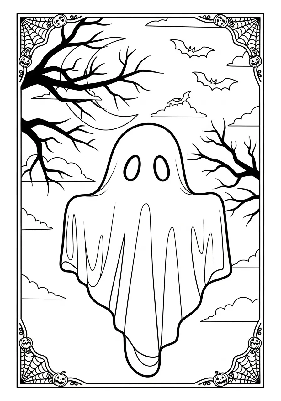 Desenho para colorir de um fantasma em um cenário de Halloween