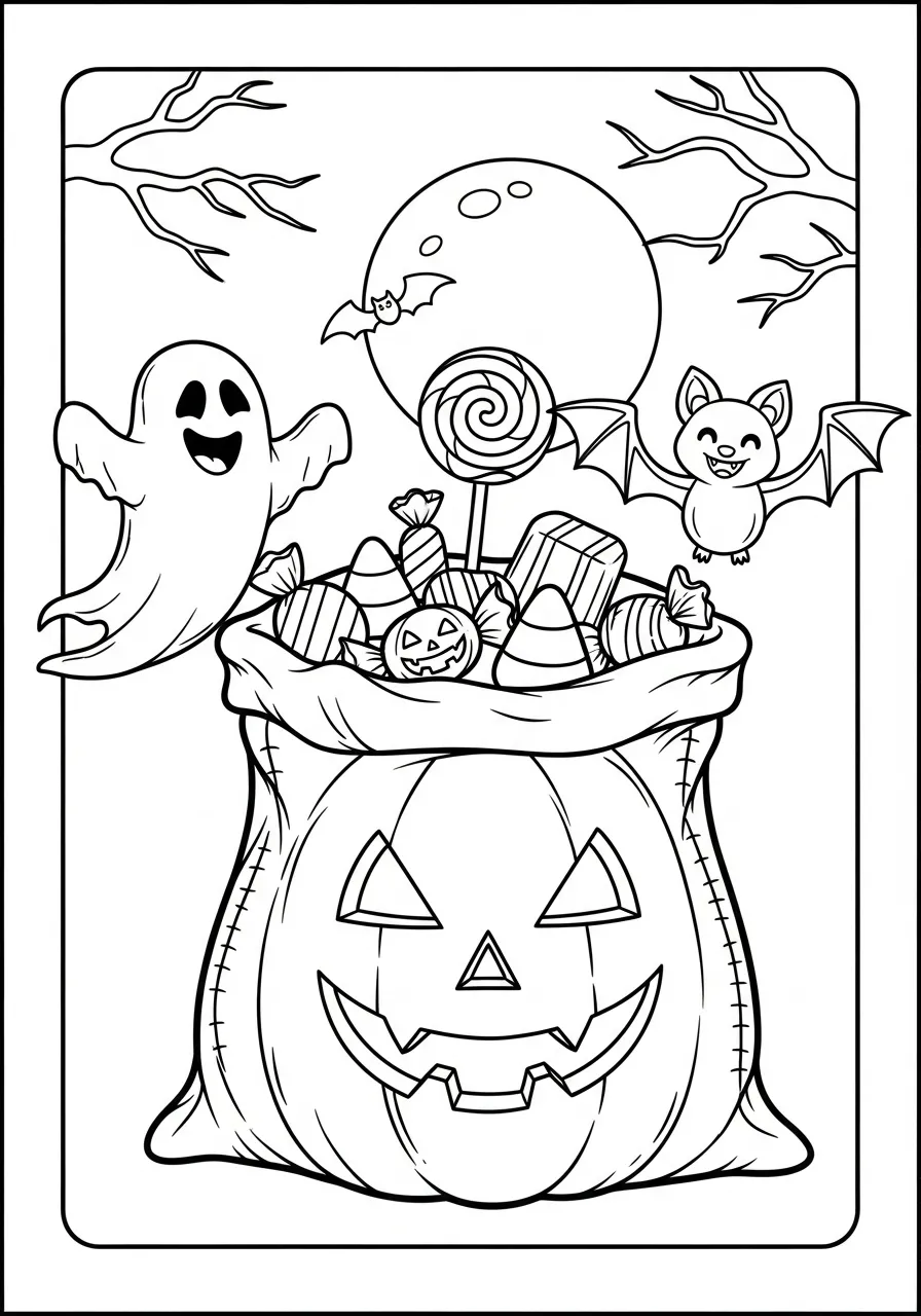 Desenho para colorir de Halloween com um fantasma, morcegos e um saco de doces