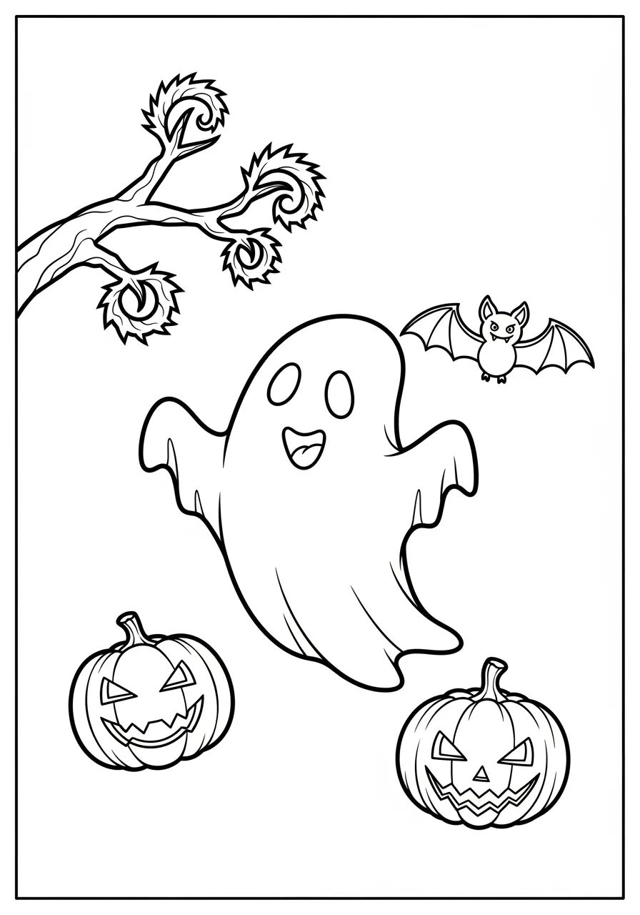 Desenho de Halloween com um fantasma feliz, um morcego e abóboras assustadoras para colorir.