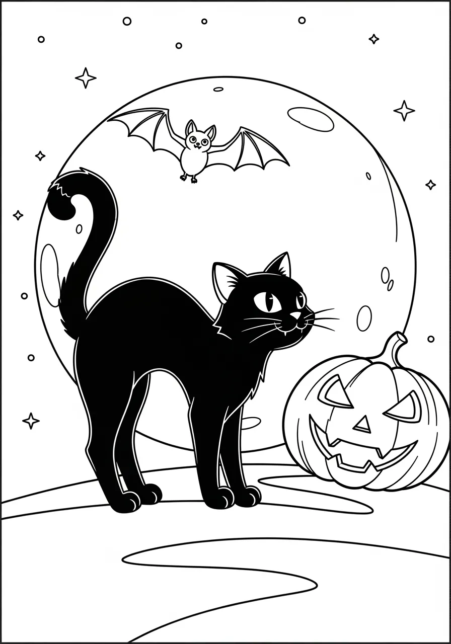 Desenho de um gato preto ao lado de uma abóbora e um morcego, ideal para colorir no Halloween.