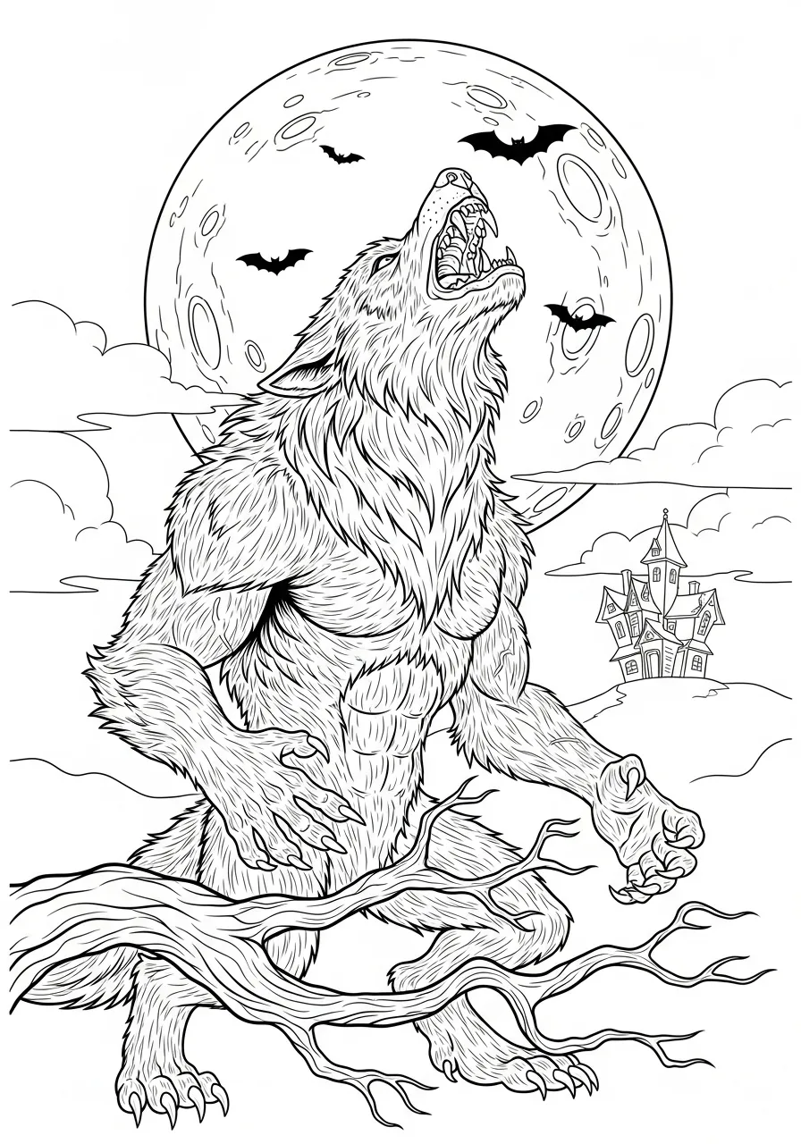 Desenho de um lobisomem sob a lua cheia, ideal para colorir