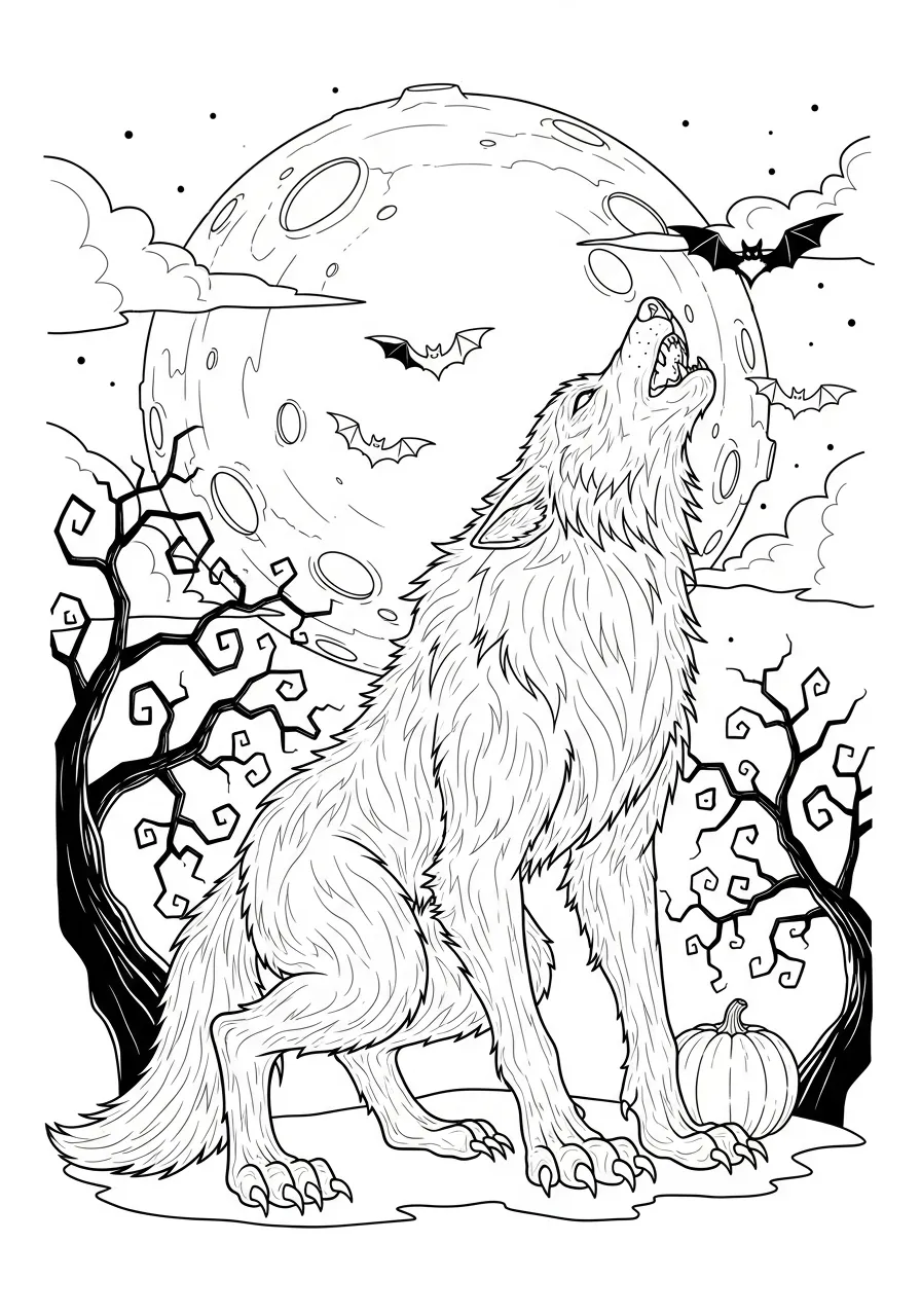 Desenho de um lobo uivando sob a lua cheia, com morcegos e uma abóbora ao fundo