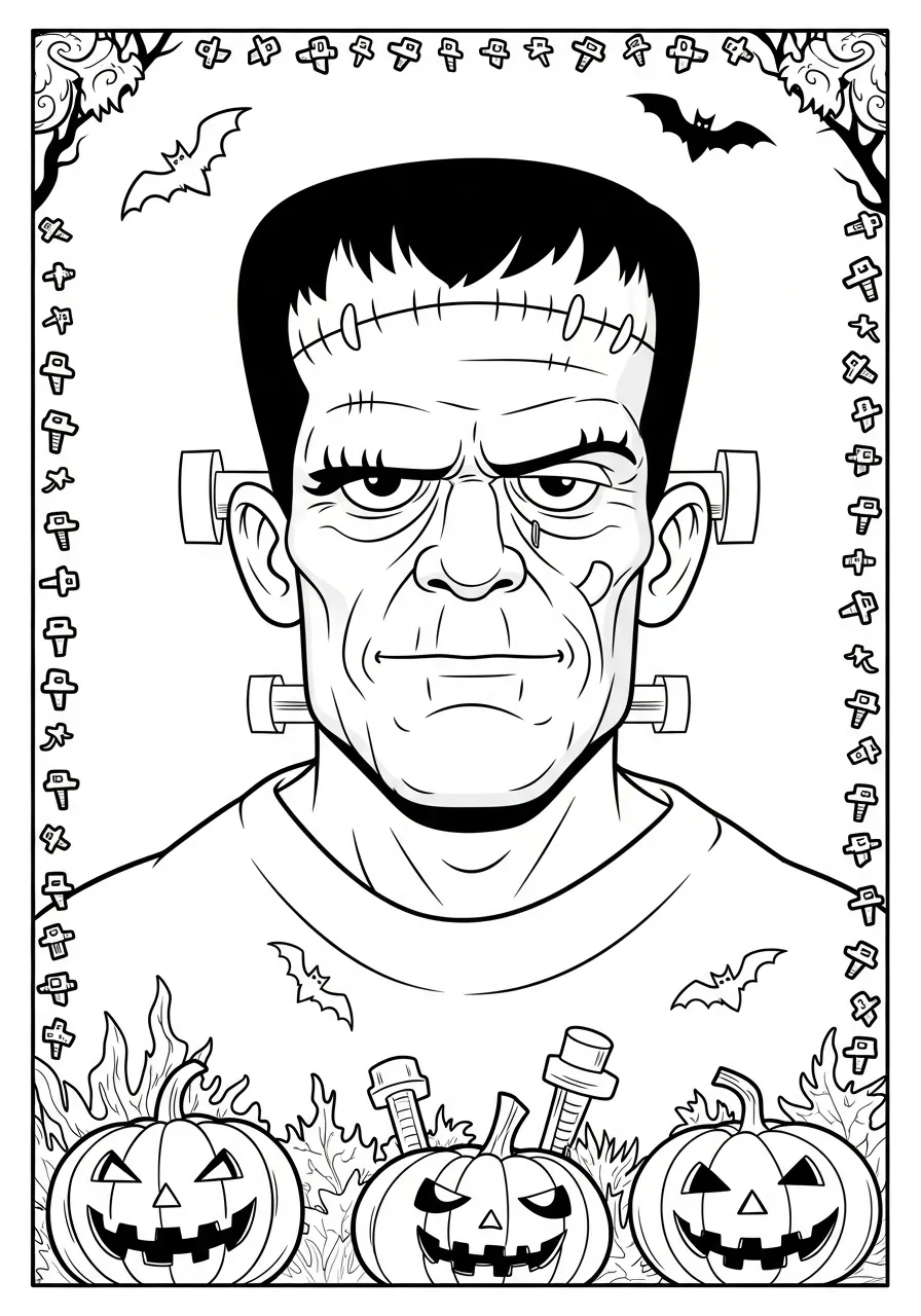 Desenho para colorir de um monstro de Frankenstein com abóboras e morcegos
