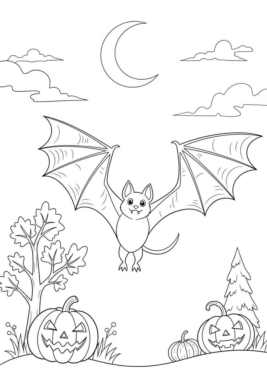 Desenho para colorir de um morcego voando sobre abóboras de Halloween