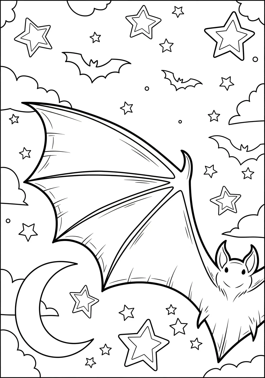 Desenho de um morcego voando entre estrelas e nuvens para colorir