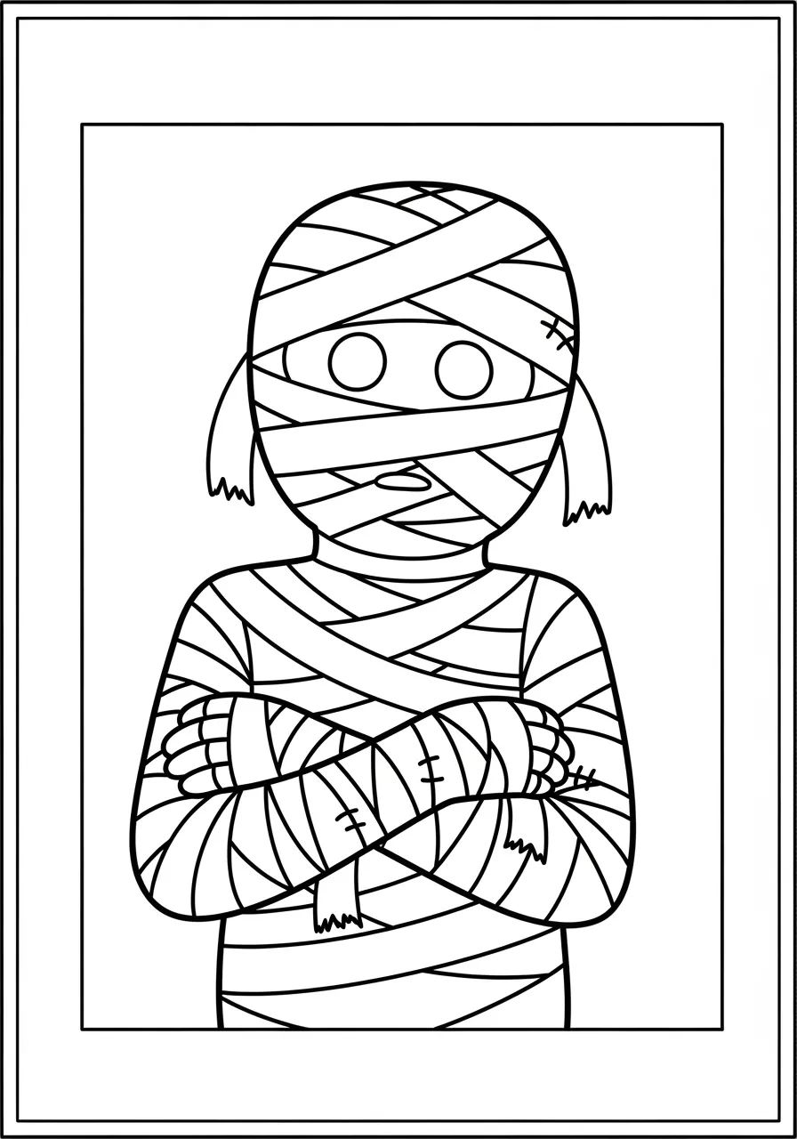 Desenho de uma múmia envolta em bandagens para colorir, ideal para Halloween.