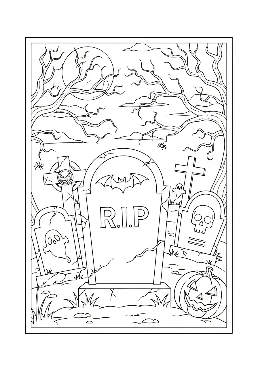 Desenho para colorir de um túmulo com abóbora, morcego e fantasmas