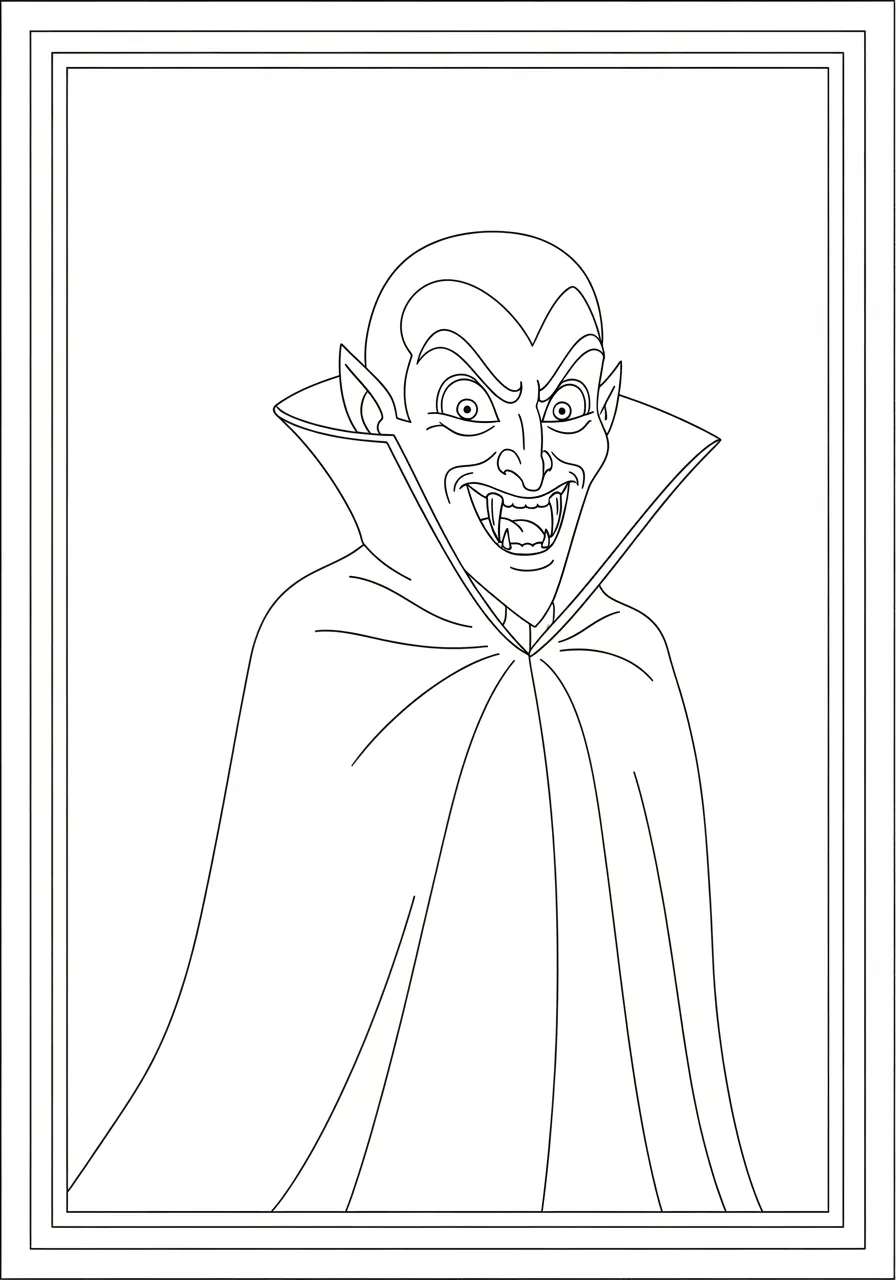 Desenho de um vampiro com capa e dentes afiados para colorir
