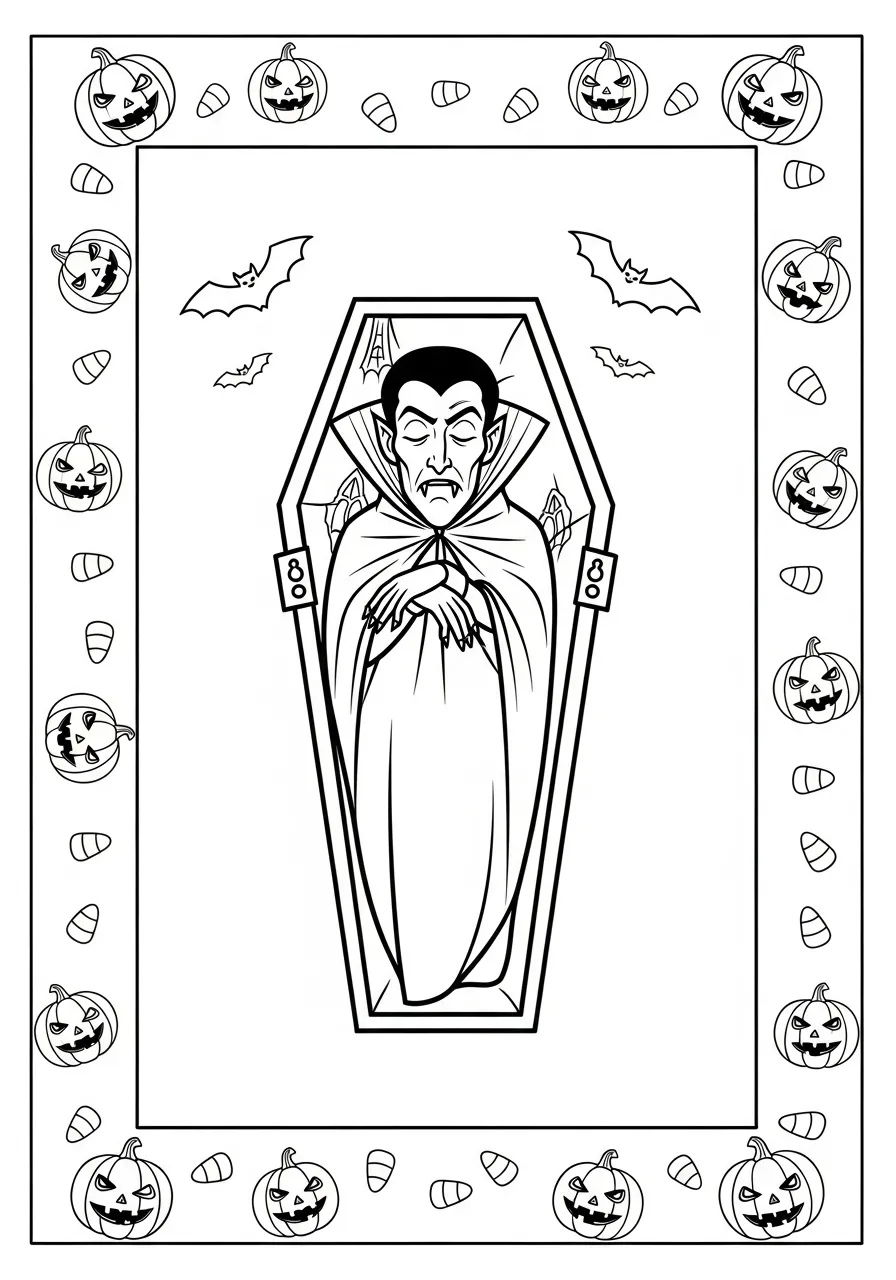 Desenho para colorir de um vampiro em um caixão, cercado por abóboras e morcegos.