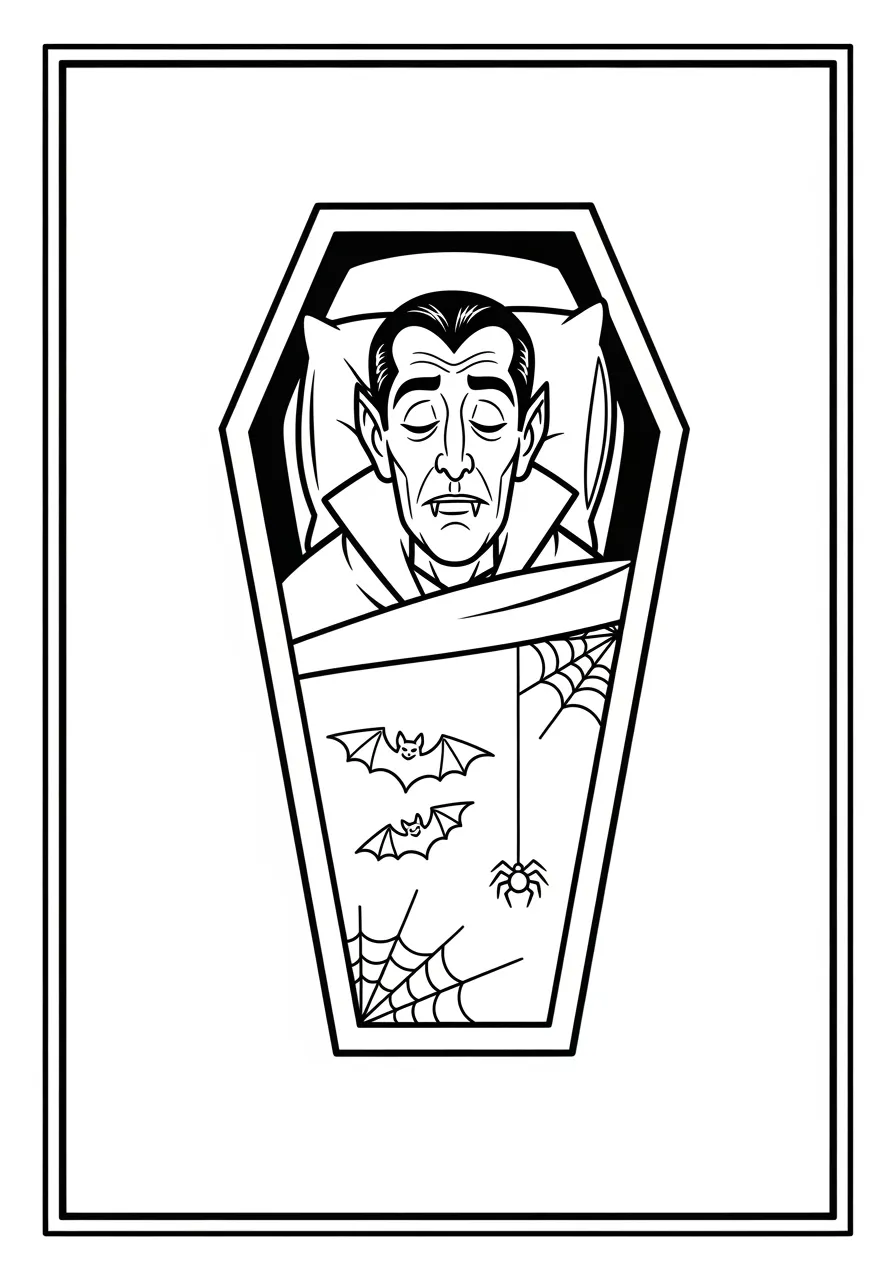 Desenho de um vampiro deitado em um caixão com morcegos e teias de aranha