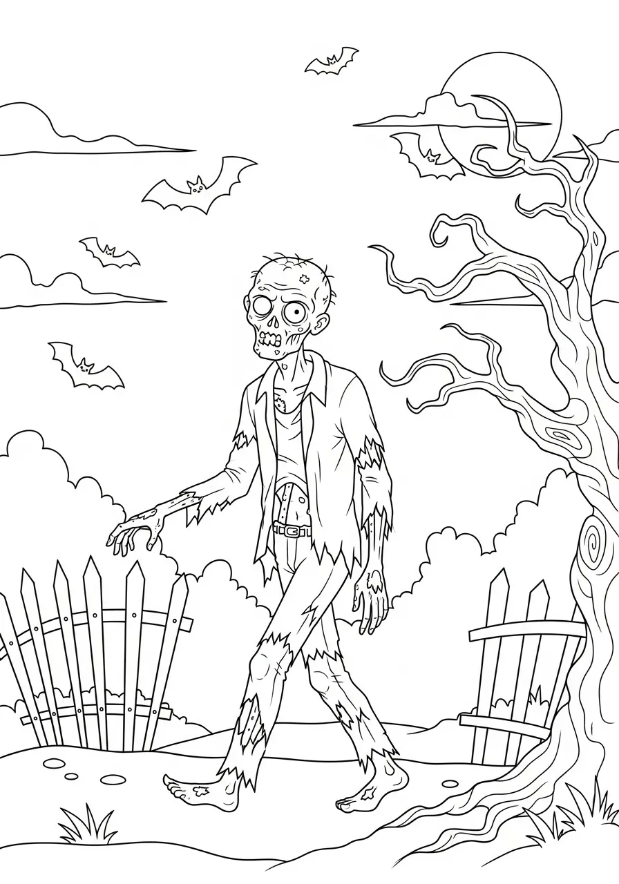 Desenho de um zumbi caminhando em um cenário de Halloween