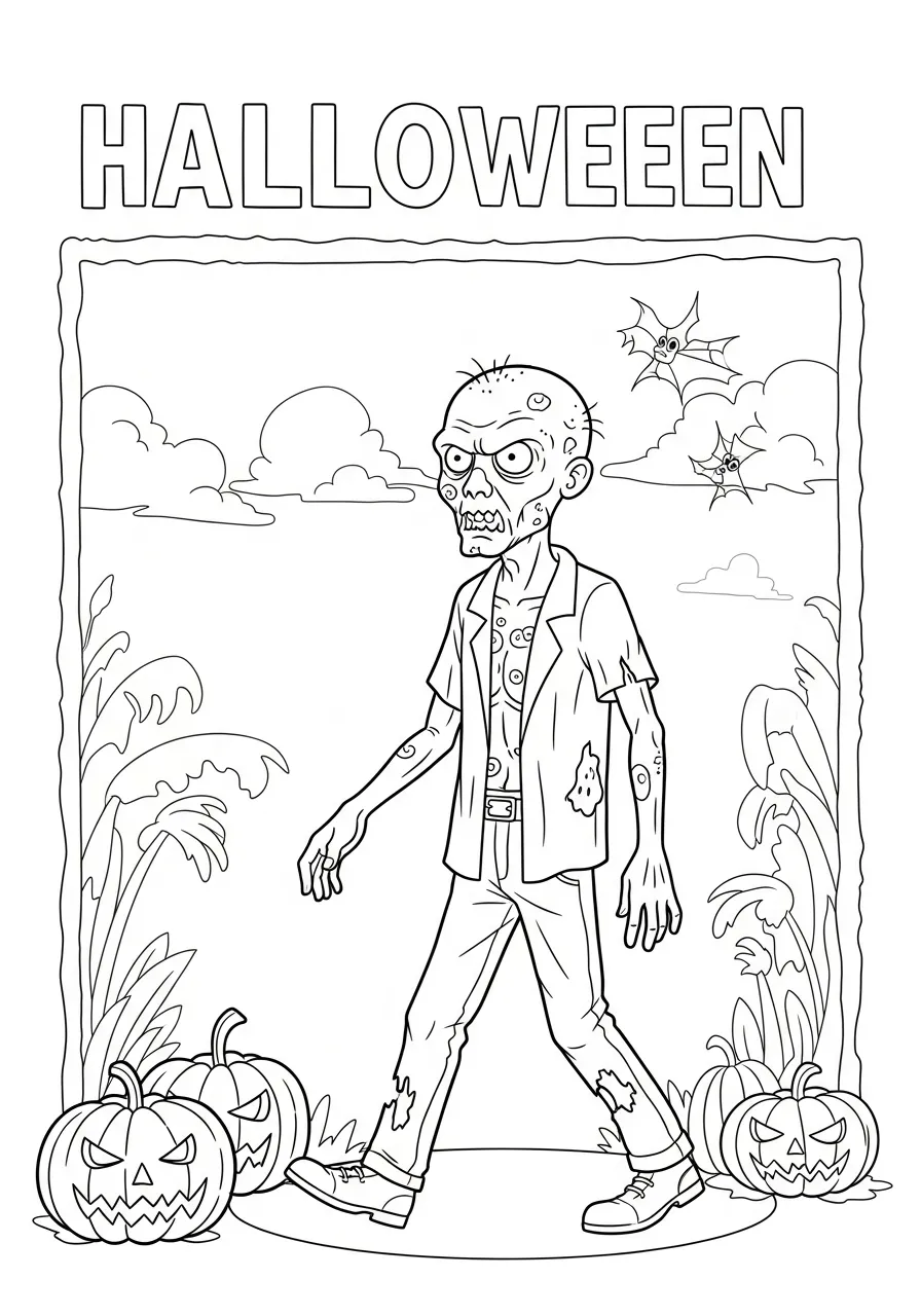 Desenho de um zumbi caminhando entre abóboras de Halloween