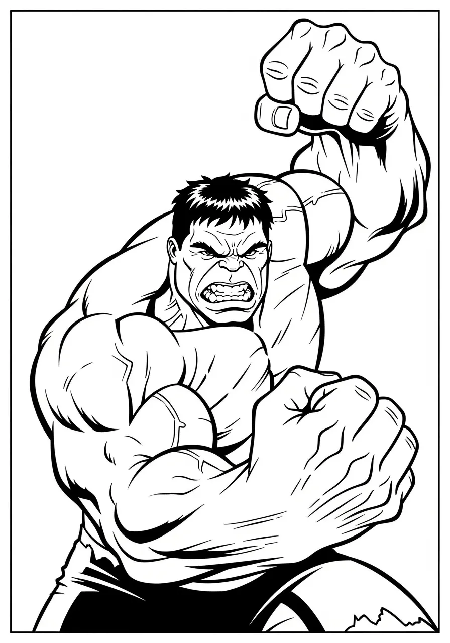Desenho do Hulk com um punho cerrado pronto para atacar, ideal para colorir.