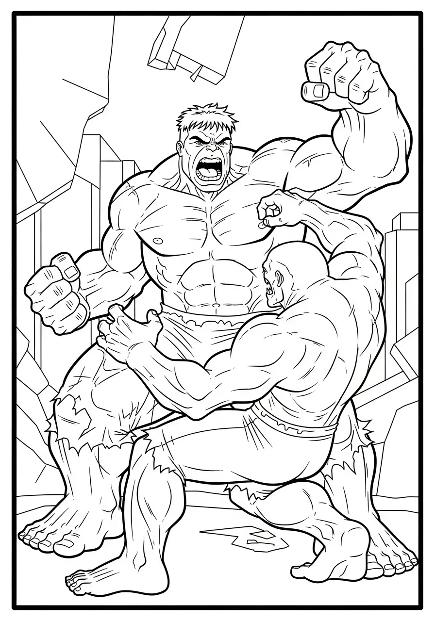 Desenho para colorir do Hulk em uma batalha contra um inimigo