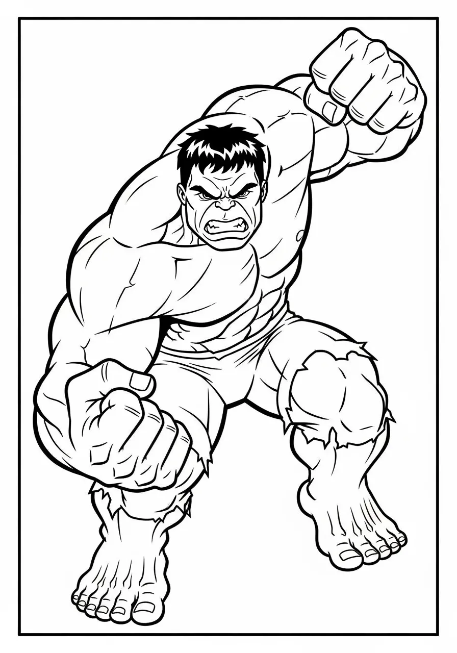 Desenho do Hulk pronto para a ação, ideal para colorir