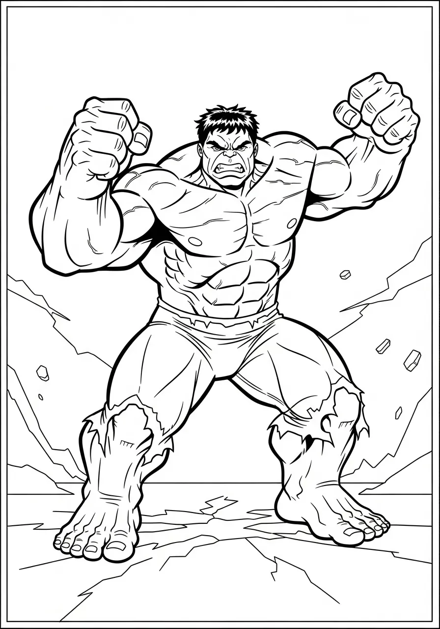 Desenho do Hulk com os punhos cerrados, pronto para a ação, para colorir.