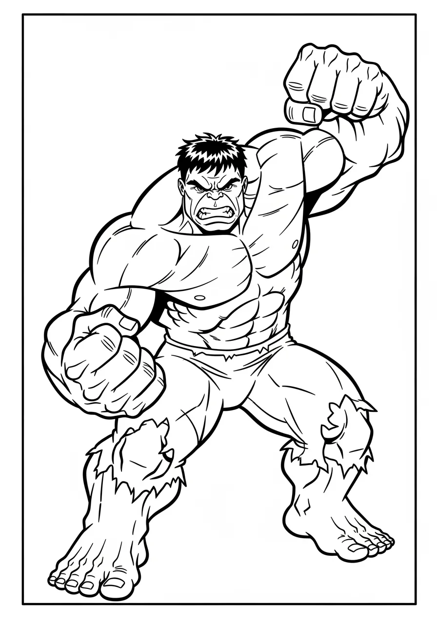 Desenho do Hulk em uma pose poderosa pronto para colorir