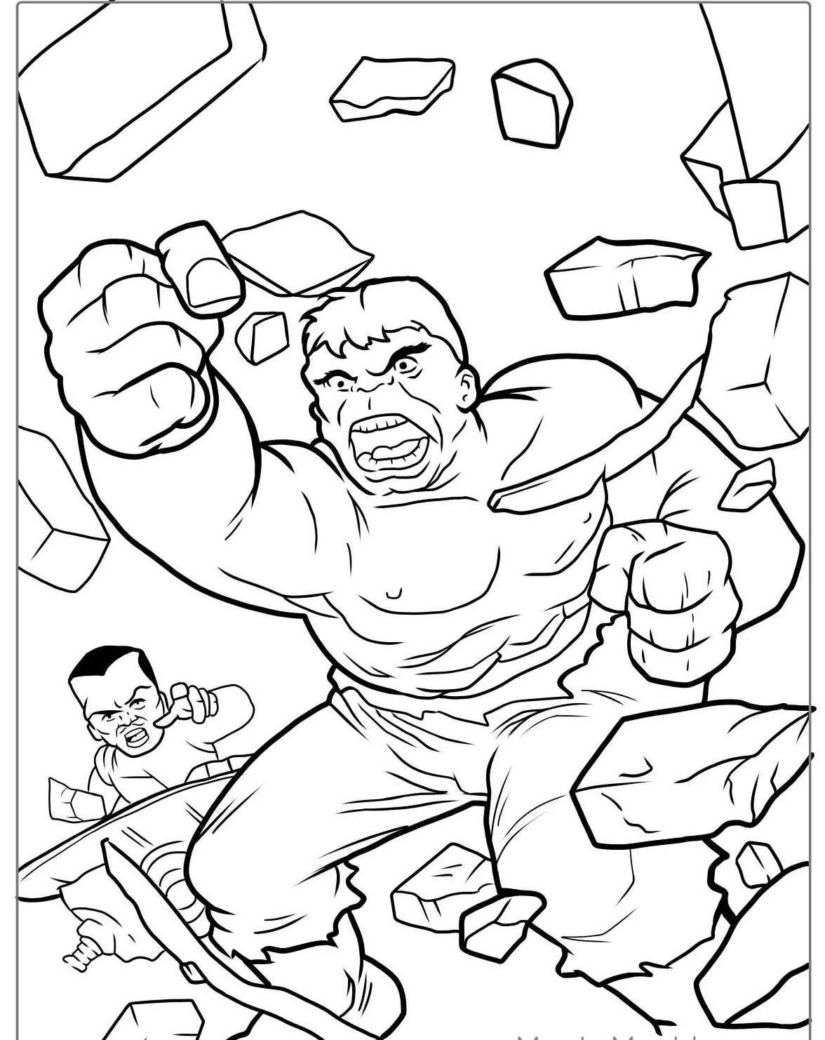 Desenho do Hulk quebrando paredes, ideal para colorir