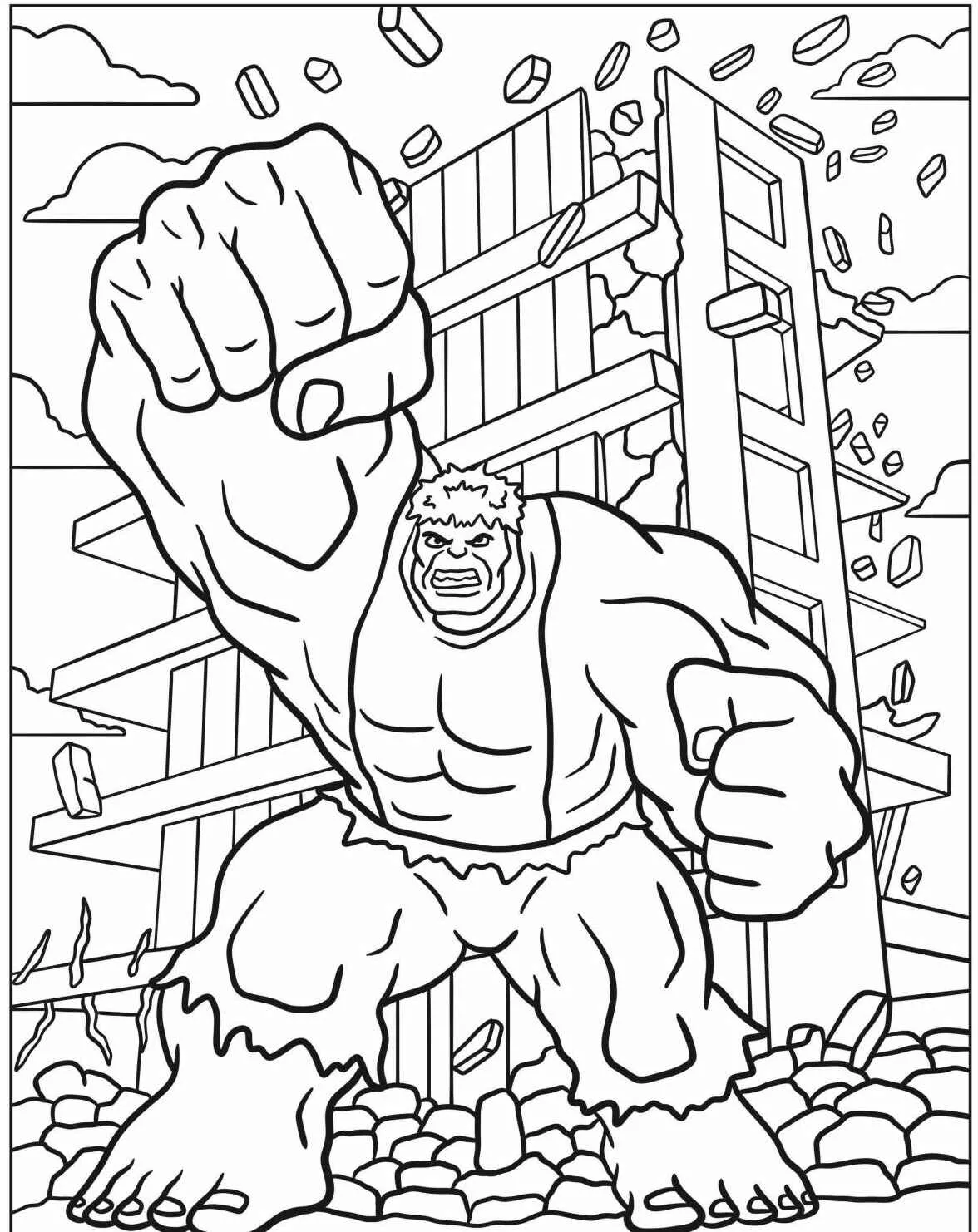 Desenho do Hulk em ação, quebrando um prédio, ideal para colorir.