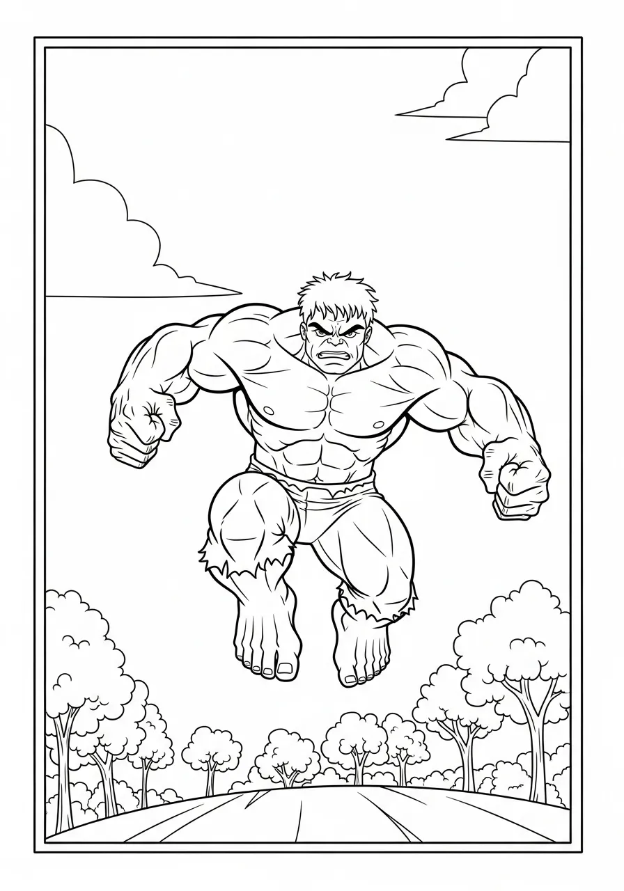 Desenho do Hulk em uma pose de salto, pronto para ser colorido.