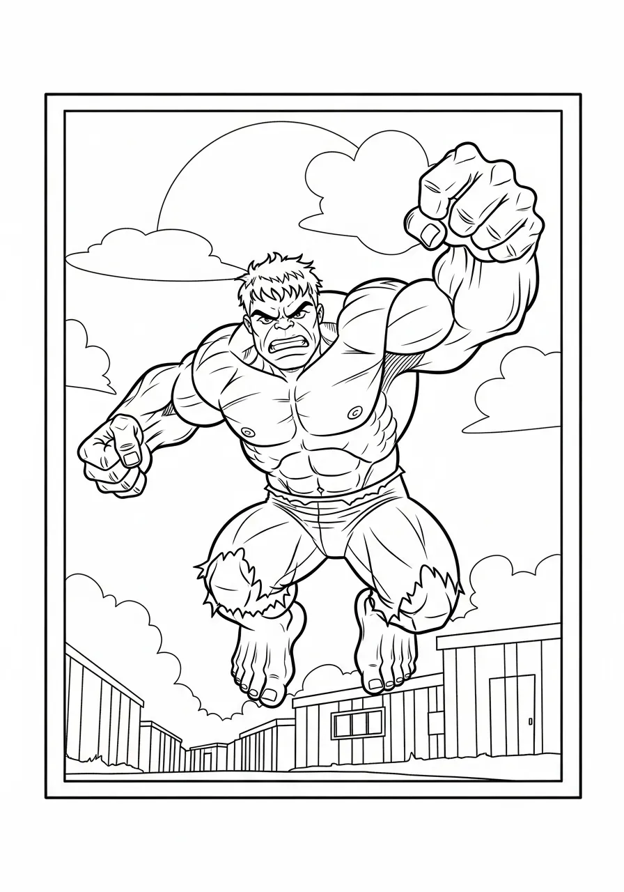 Desenho do Hulk em ação, pronto para ser colorido